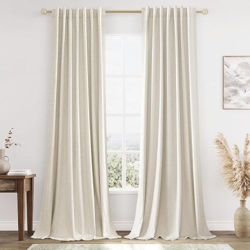 100% Blackout Linen Curtains 84 Inch Length 2 Panels Set for Living Room Bedroom Back Tab Thermal Insulated Black Out Drapes Room Darkening Farmhouse Style for Bedroom Window Curtains 52x84