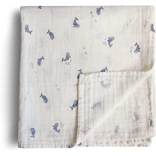 mushie Muslin Baby Swaddle Blanket | 100% Organic Cotton (Whales)