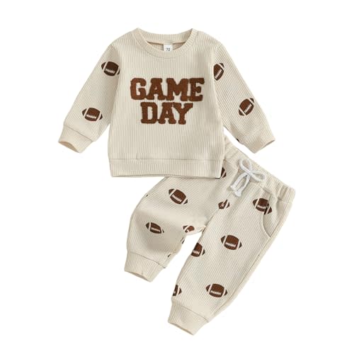 Kupretty Toddler Baby Boy Football Outfits Fall Winter Clothes Game Day Embroidery Crewneck Sweatshirt + Pants Waffle Set