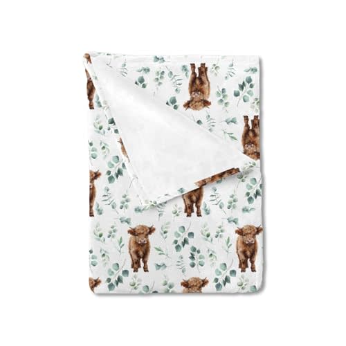 HawSkgFub Highland Cow Eucalyptus Leaf Baby Blanket Boys Shower Gift, Western Cowboy Flannel Fleece Nursery Bed Receiving Swaddle, Soft Lightweight Newborn Infant Crib Toddler Bedding 30 x 40