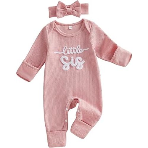allshope Infant Baby Girl Fall Outfit Sweatshirt Romper Daddy Little Girl Embroidery Jumpsuit Bodysuit Newborn Waffle Clothes