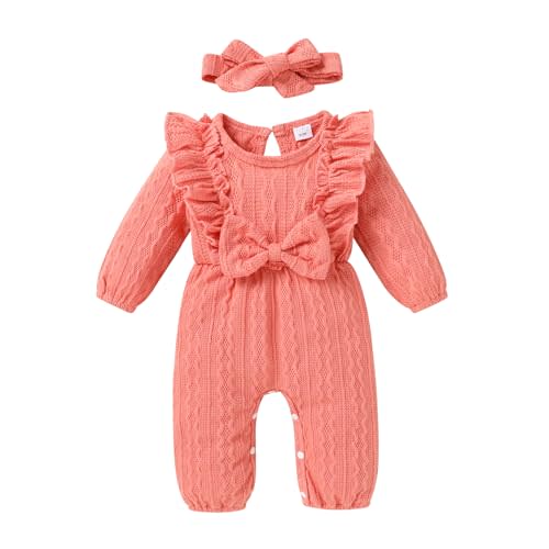 Happy Town Baby Girl Romper Infant Fall Winter Clothes Ruffle Sweater Long Sleeve Bodysuit Jumpsuit and Headband