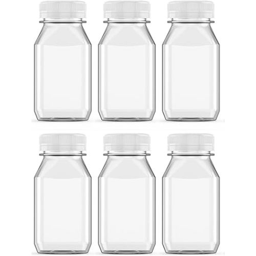 Axe Sickle 6 Pcs 4 Ounce Juice Bottles Plastic Milk Bottles Bulk Beverage Containers with Tamper Evident Caps Lids White for Milk, Juice, Drinks and Other Beverage Containers