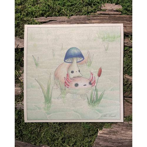 Mushling and Axolotl Print - Mushroom Axolotl Fine Art Giclée Print