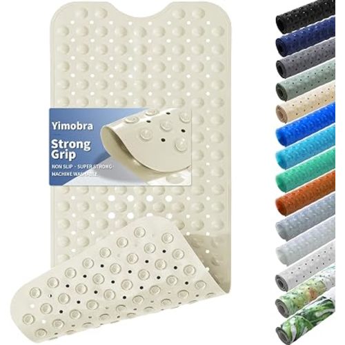 Yimobra Non Slip Bathtub Mat 40 x 16 Inch, Extra Long Shower Mat with Drain Holes, Machine Washable Baby Bath Mats, Strong Suction Cups for Bathroom Floor, Beige