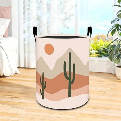 Minimal Cactus Laundry Basket Soft Desert Landscape Waterproof Oxford Fabric Cloth Storage Hamper, 19.7x15.7 Inch Modern Clean Portable Dirty Baskets Decor Gifts for Living Room Bathroom