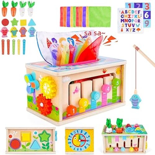 FCSONU Toddlers Montessori Toys for 3 Year Old Boys Girls, Wooden Baby Tissue Box Toys for Ages 3-4 Kids, Activity Cube|Sensory Toys for Toddlers 3, Christmas Birthday Gifts for 36+ Months