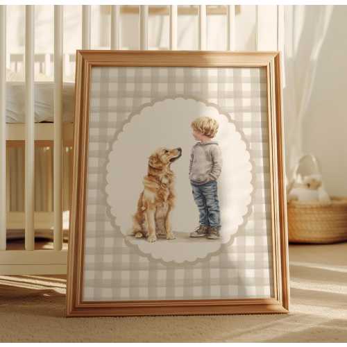 Golden Retriever Boy Art Print – Nursery Wall Decor, Kids Room Illustration, Dog & Child Watercolor Poster, Neutral Gingham Baby Decor