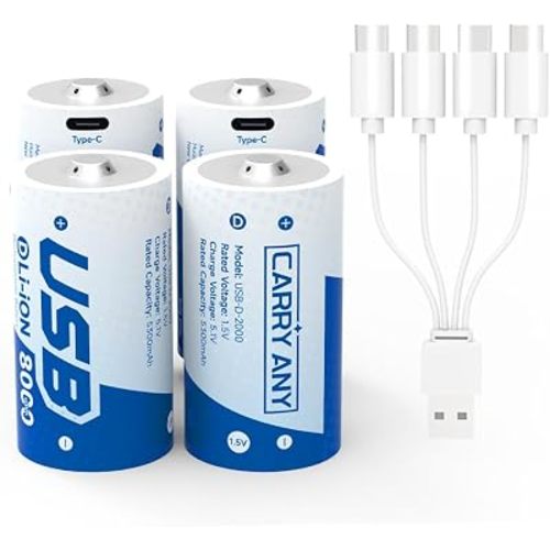 1.5V Rechargeable D Lithium Batteries 4-Pack, 8000mWh High Capacity D LR20 Size Cell with 4-in-1 USB-C Charging Cable, Constant 1.5V Output for Flashlight, Baby Swing, Camping, 1600+ Cycles