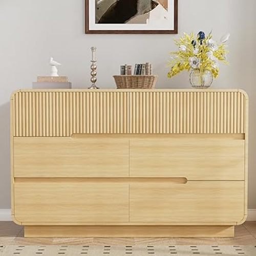 Fluted 6 Drawer Dresser for Bedroom Modern Wooden Chest of Drawers & Storage Cabinet, Large Closet Organizer with Anti-Tip Device as TV Stand for Living Room, Hallway, Entryway, Natural Oak