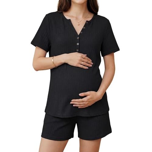 OUGES Women's 100% Cotton Maternity Nursing Pajamas Set Short Sleeve Henley Top and Shorts 2 Piece Pjs Comfy Loungewear