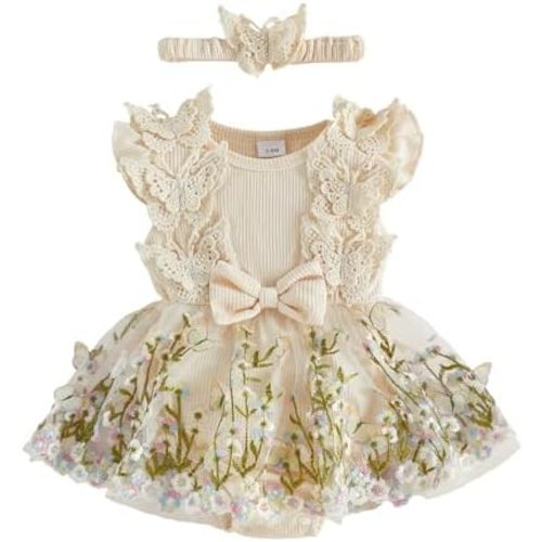 Douhoow Baby Girl Dress Romper Baby Romper Dress Flowers Embroidery Tulle Skirt Infant Girl Summer Clothes with Headband