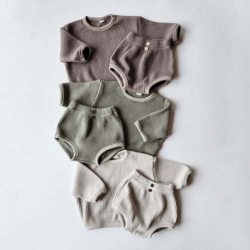 Baby Nunu Big Waffle Top and Bloomer Shorts Set (3-18m)- 3 Colors