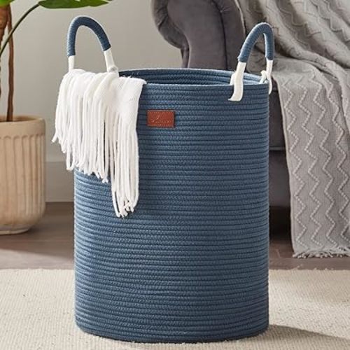 Laundry Basket, Woven Rope Laundry Hamper with Handles, Large Decorative Storage Basket for Clothes and Blankets in Living room, 15" x 20"，Dark Blue