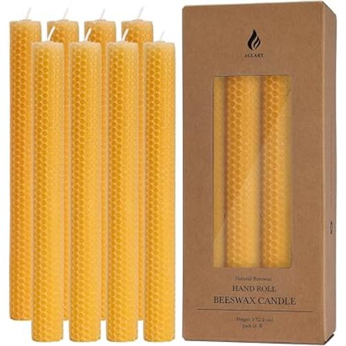 8PCS 9" Hand-Rolled Beeswax Taper Candles, Real Pure Beeswax, Handmade Honeycomb Candles, Flat Top, Brown Raw