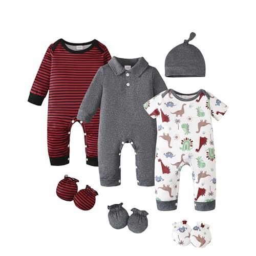 NZRVAWS Preemie Baby Boy Clothes Newborn Essentials Outfits Romper 10 PCS | Wearable all year round;Snap closures;10-piece layette: 3 rompers, hat, 6 mittens; Soft fabric;Multi scene wearable