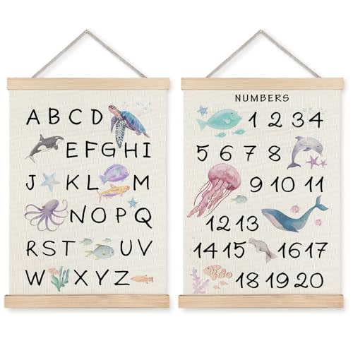 Supwhd Ocean Nursery Decor, Alphabet Numbers Ocean Animals Poster Hanger Frame, Sea Animals ABC 123 Educational Wall Decor for Nursery Kids Room Playroom Classroom Homeschool, 12x16 Set of 2