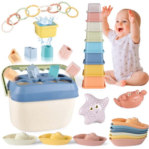 6-12-18 Months Baby Education Toys 32PCS ,5-in-1 Montessori Toy Shape Sorters Toy for Toddler 1-3 ,Bath Toys Stacking Cup &Boat , Boys Girls Birthday Gifts