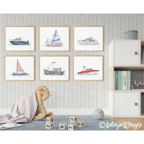 Set of 6 Boats Art Prints, Kids Gallery Wall Set, Nautical Wall Art, Transportation Print Nursery, Watercolor Painting, Boat Decor, Sailboat