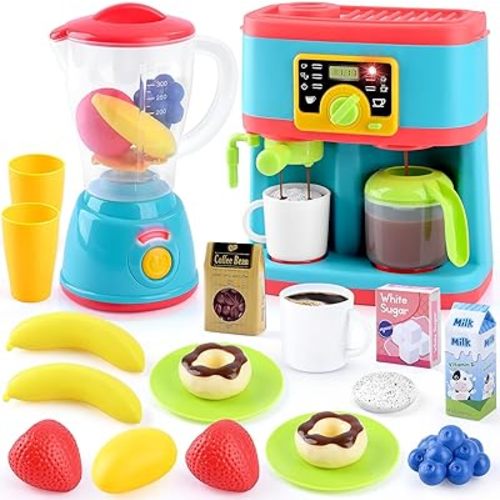 PLAY Kitchen Appliances Toys Set with Coffee Maker, Blender & Foods Realistic Lights & Sounds, Kitchen Accessories, Pretend Kids Kitchen Playset, Gift for Toddlers Ages 3+