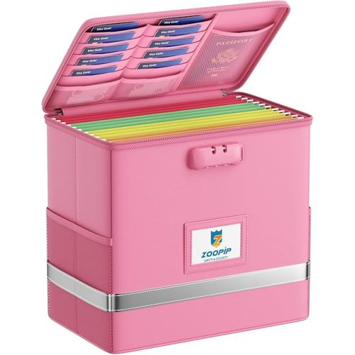 Fireproof File Box with Lock, Document Box Storage Organizer, Suitable for Hanging File Folders in Letter Size, Collapsible File Box, Reflective Strip for Fast Find (12.2"*6"*10.2, Pink)