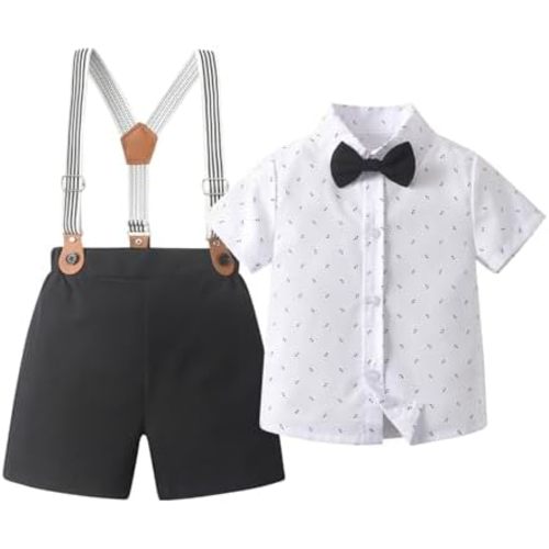 Boarnseorl Baby Boys Shorts Sets, Infant Shirt+Shorts+Bow Tie+Suspenders Outfits Suits