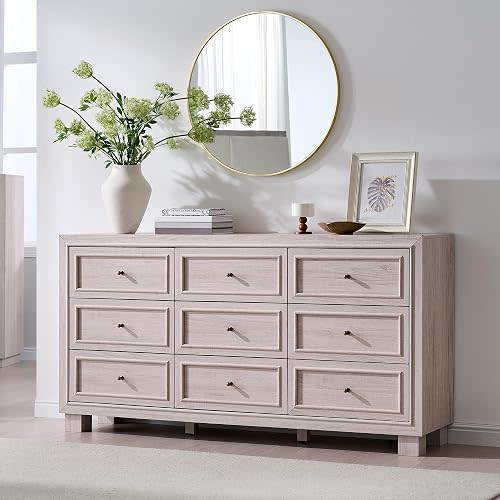 JXQTLINGMU 9 Drawer Dresser for Bedroom, Two Included Base Styles, 63" Wide Mid Century Modern Wooden Chest of Drawers, Large Closet Dresser TV Stand Storage for Living Room, White Alder
