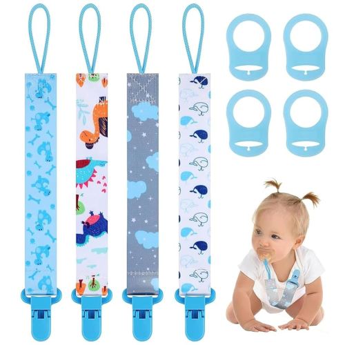 4 Pcs Baby Dummy Strap Clip, Pacifier Clip Dummy Holder Straps with 4 Silicone Adapter, Soother Chains Clips Fit All, Soothers, Teething Toys, Baby Essentials (4 Pcs Blue)…