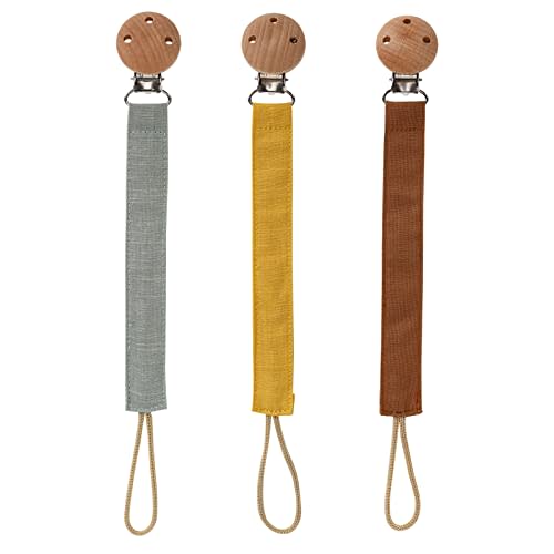 Socub 3 Pack Pacifier Clips for Baby Boys and Girls, Fabric Pacifier Hold with Clip for Binky, Teether Toys, BPA Free, Baby Shower Birthday Gift, 3 Month+(Sage/Clay/Mustard)