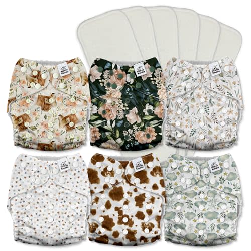 Mama Koala 3.0 Pocket Cloth Diapers for Babies with AWJ Lining, 6 Pack with 6 5-Layer Natural Cloth Diaper Inserts - Reusable and Washable Pocket Diapers(A-A Special Set)