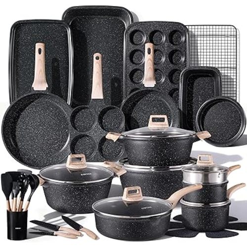 CAROTE 44pcs Pots and Pan Set Nonstick, Cookware Sets, Cooking Set Non Stick, Induction Cook Ware with Bakeware Set, Kitchen Knife Set