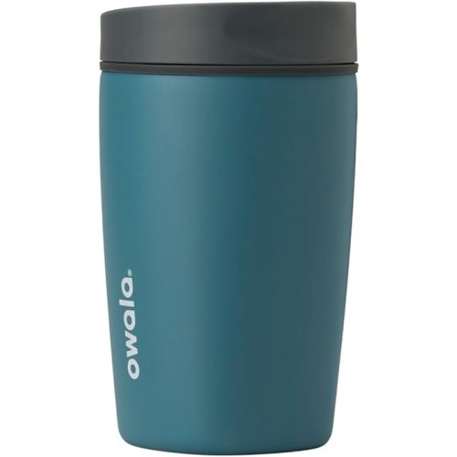 Owala SmoothSip Slider Insulated Stainless Steel Coffee Tumbler, Reusable Iced Coffee Cup, Hot Coffee Travel Mug, BPA Free 12 oz, Grey/Blue (High Dive)