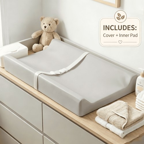 Secure Grip Baby Diaper Changing Pad for Dresser, Waterproof and Wipeable, Contoured, Standard Size, Grey&Pink&Beige