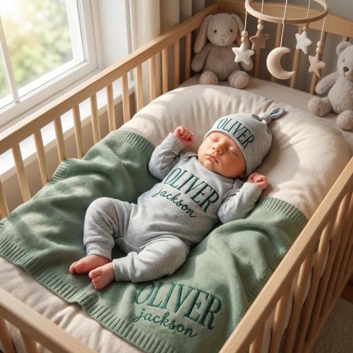 Embroidered Organic Cotton Baby Name Outfit Set, Knit Baby Blanket, Personalized Newborn Romper and Hat, Coming Home Set