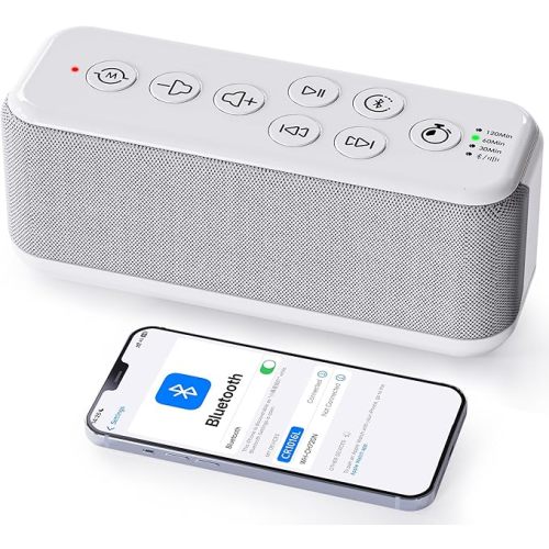White Noise Sound Machine with Bluetooth Speaker, 15 Soothing Sounds for Sleep, Baby & Office Privacy, 3000mAh Rechargeable, Auto-Off Timer, 8-Level Volume (White)
