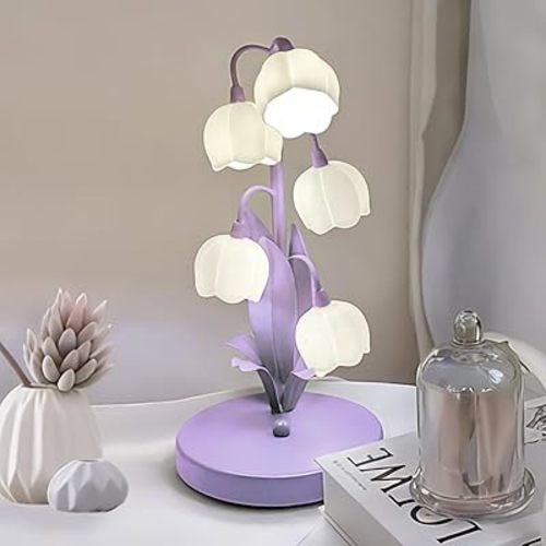 Flower Lamp for Home,Bedside Vintage Table Lamps,5 Lily of The Valley Reading Lights,3 Colors Modes Kawaii Bedside Lamp Decor,with G4 Bulb Nightstand Light for Living Room Office Bedroom (Purple)