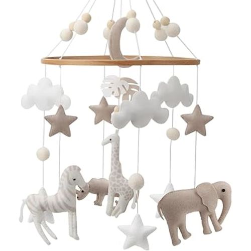 Safari Mobile for Crib - A Neutral Handmade White Jungle Crib Mobile with Safari Animals Clouds and Stars for a Neutral Nursery