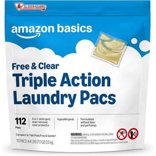 Amazon Basics Laundry Detergent Pacs, Free & Clear, Powerful Triple Action, Hypoallergenic, Unscented, 112 Count