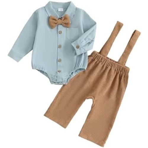 Infant Baby Boys Gentleman Outfits Long Sleeve Bowtie Romper+Suspender Overalls Pants Set Wedding Set Formal