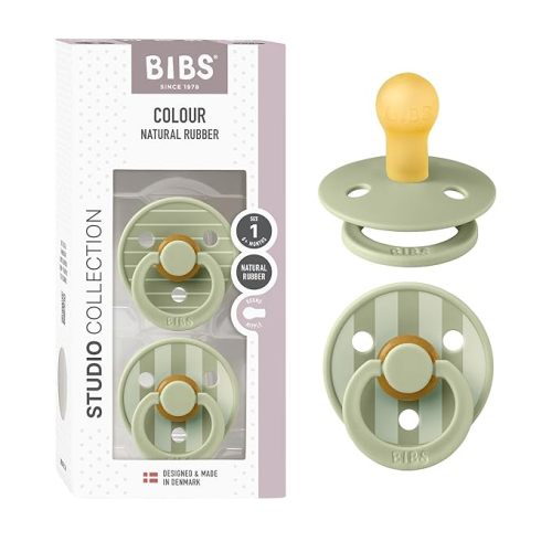 BIBS Pacifiers - Colour Studio 2 Pack | Round Nipple Baby Pacifier | BPA Free Natural Rubber Latex Soother | Made in Denmark | Size 0+ Months | Pin Sage - Size 1 | 0+ Month