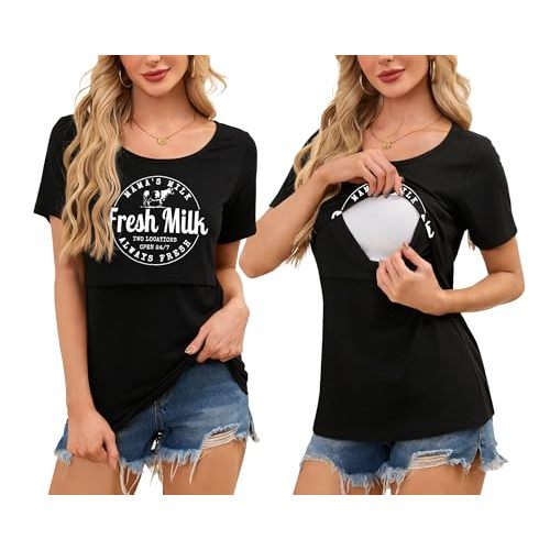Womens Nursing Tops for Breastfeeding Maternity Shirts Double Layer Pregnancy Clothes Postpartum Short Sleeve Tee Tops