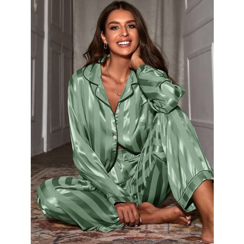 HautHeat Contrast Binding Satin Pajama Set, Fall Winter Clothes