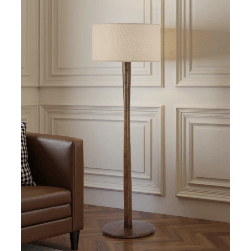61'' Modern Walnut Wood Column Floor Lamp with Beige Linen Drum Shade, Minimalist Standing Lamp for Living Room or Reading Corner
