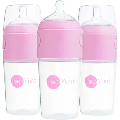 PopYum 9 oz Pink Anti-Colic Formula Making/Mixing/Dispenser Baby Bottles, 3-Pack with #2 Medium Flow Nipples, 260 ml, BPA-Free, Natural Latch