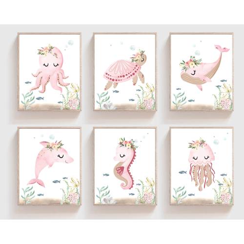 Girls room decor - Ocean nursery prints - Sea animals wall art - Under the sea prints - Ocean animals - Nursery wall art - Girls nursery