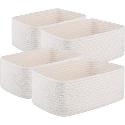 OIASKET 4 Pack Small Storage Shelf Baskets for Organizing, Mini Woven Rope Storage Bins for Towels, Cute Decorative Closet Organizer，Baby Nursery, Gift Empty Baskets -14.17''Lx11.02''Wx6.3''H-White