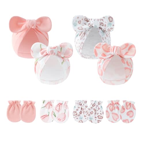 LIDHAY 4PCS Newborn Baby Hospital Hats Beanie Bow Infant Caps Cotton Preemie Hats No Scratch Mittens Set for 0-1 Years Old