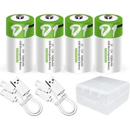 4pcs D Battery D Batteries, USB/Type-C D Rechargeable Battery, High Capacity 1.5V 8000mAh 12000mWh 3 Hours Fast Charge, Cycle Times up to 1200x with Type-C Port Charging Cable