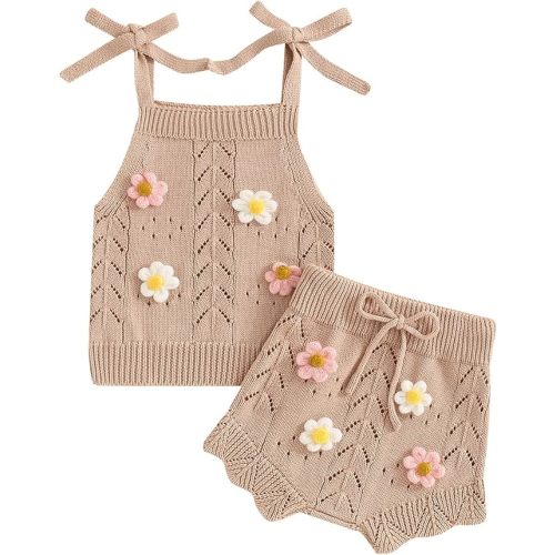 TheFound Toddler Baby Girls Knitted Outfit Tie-up Tank Top Elastic Waist Flower Shorts Summer Clothes 6 12 18 24 Months 2t 3t
