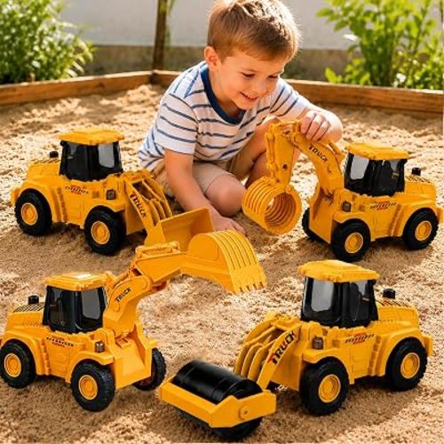 Veslier 4 Pack Construction Toys for 3 4 5 6 + Years Old Boys Kids Toddlers, Friction Powered Truck Toys for Toddlers 3 4 5 6 Years,Push and Go Car Toy,Kids Birthday Gifts for 3-6 Years Old Boys